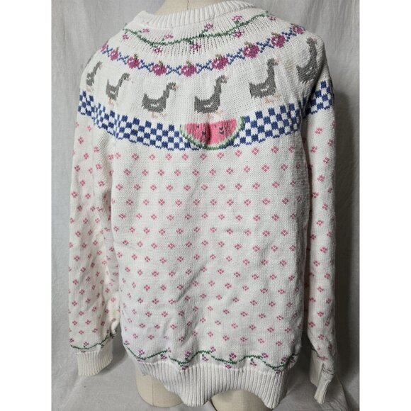 Vintage 80s Eddie Bauer Cute Ducks Watermelon Cotton Knit Pullover Sweater LRG - Picture 2 of 14